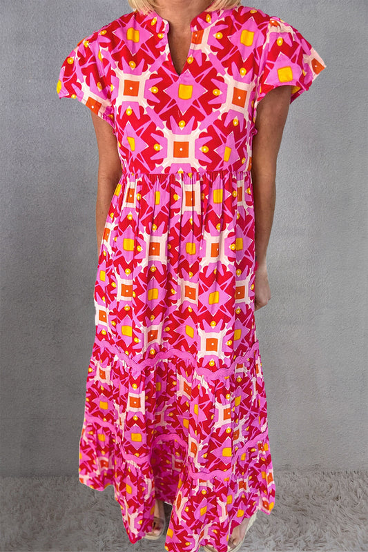 Printed Notched Cap Sleeve Boho Dress - Spirit and Rebel [Spirit and Rebel] Hot Pink S 