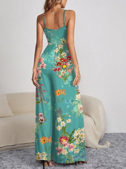 Boho Chic  Decorative Button Spaghetti Strap Wide Leg Jumpsuit [Spirit and Rebel]   