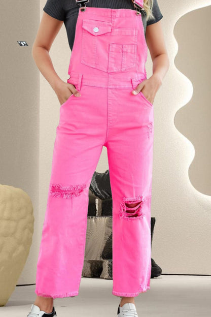 Distressed Pocketed Wide Strap Denim Overalls [Spirit and Rebel] Fuchsia Pink 6 