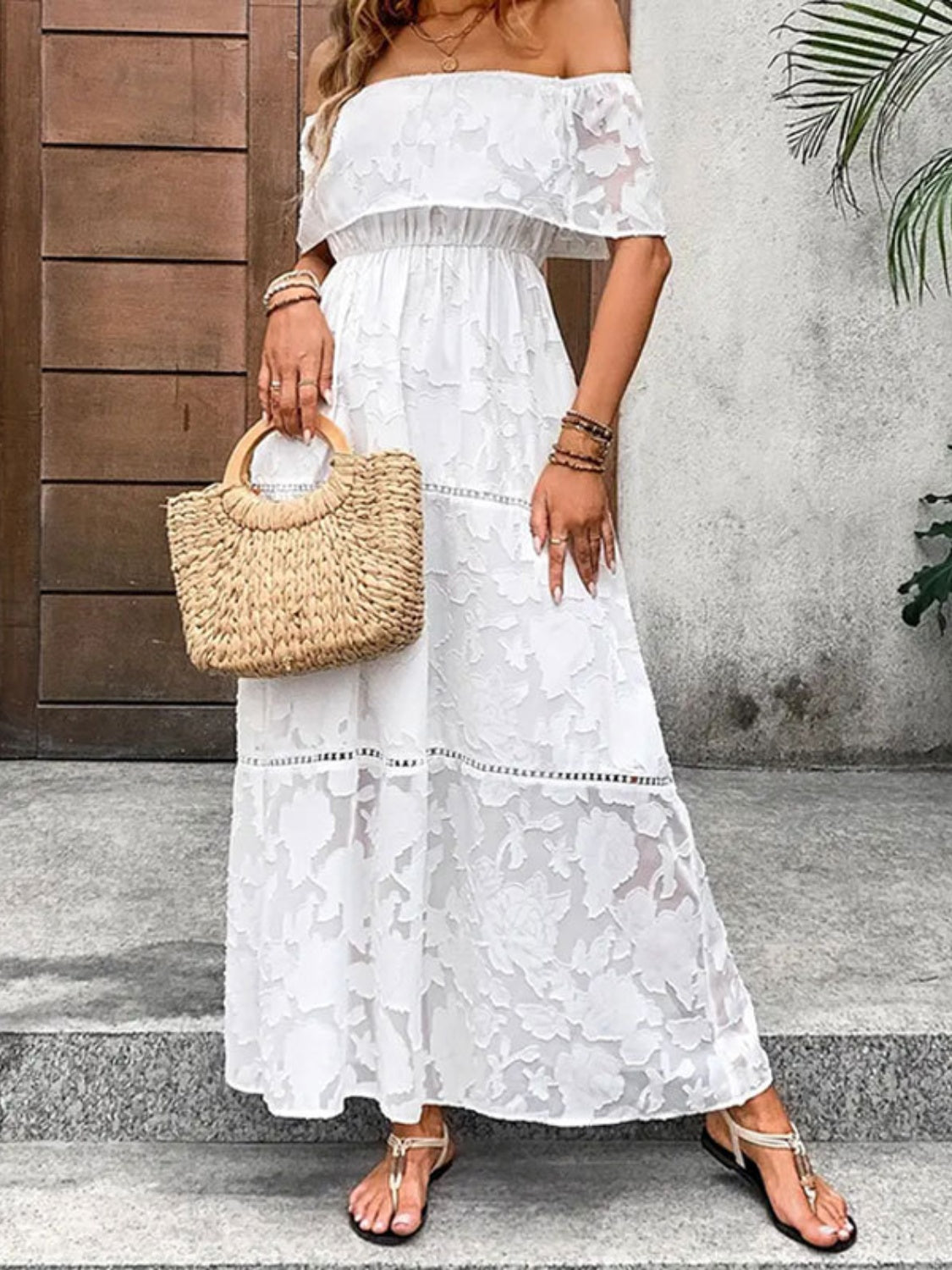 Off-Shoulder Short Sleeve Maxi Boho Dress - Spirit and Rebel [Spirit and Rebel]   