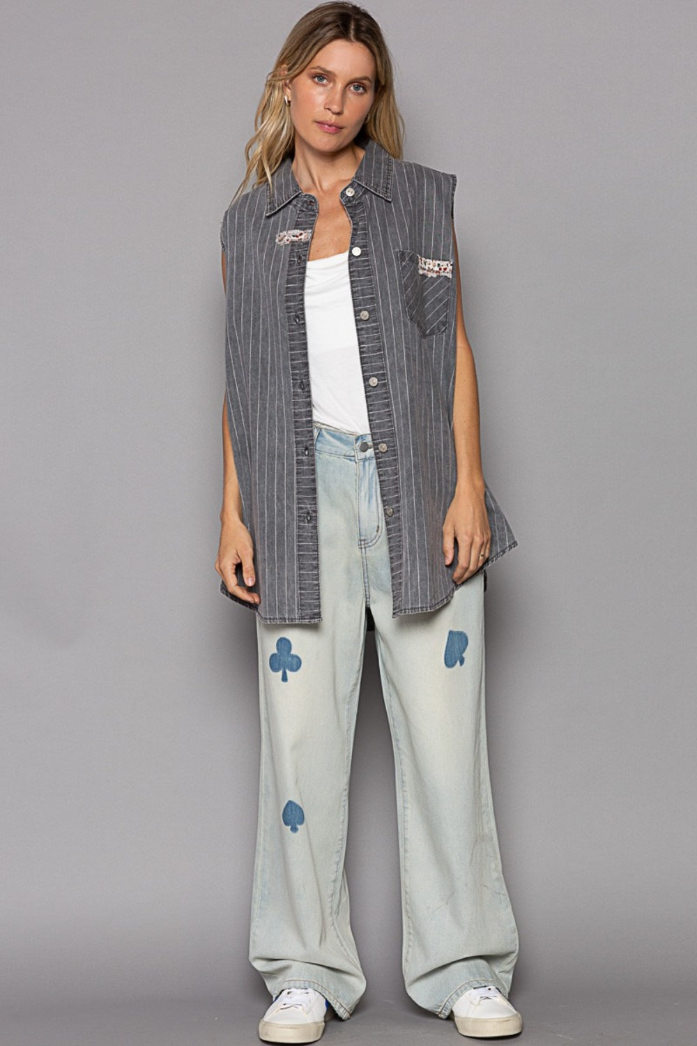 Button Down Sleeveless Striped Denim Boho Shirt - Spirit and Rebel [Spirit and Rebel] Grey Multi S 