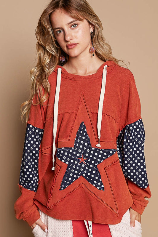 Spirit and Rebel Star Patchwork Raw Edge French Terry Hoodie [Spirit and Rebel] Orange Brick S 