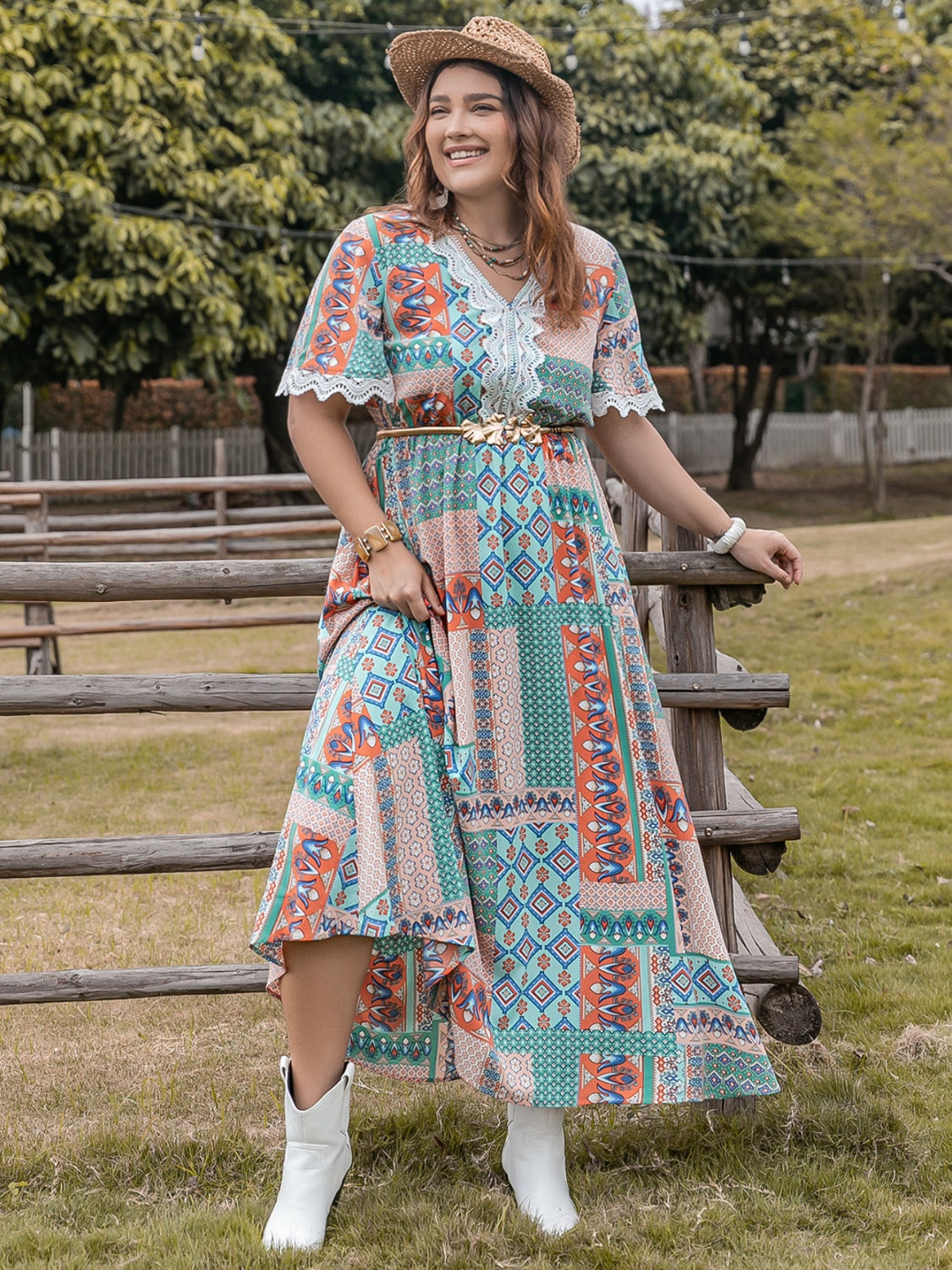 Plus Size Lace Detail Printed Half Sleeve Midi Boho Dress - Spirit and Rebel [Spirit and Rebel]   