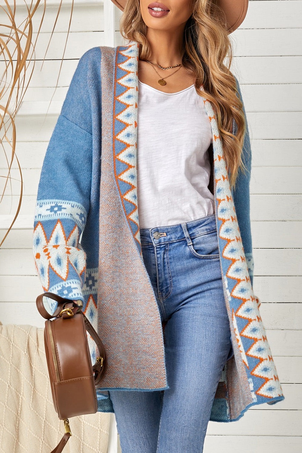 Geometric Open Front Long Sleeve Cardigan [Spirit and Rebel] Blue S