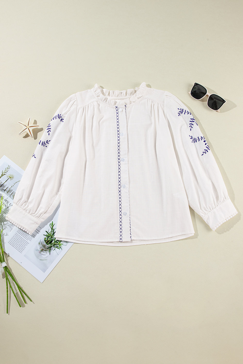 Embroidered Round Neck Long Sleeve Boho Blouse - Spirit and Rebel [Spirit and Rebel] White S 