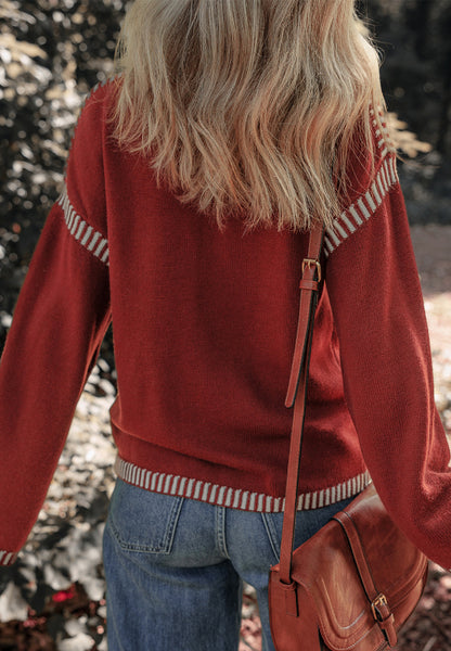 Spirit and Rebel Striped Detail Round Neck Dropped Shoulder Boho Sweater [Spirit and Rebel]   