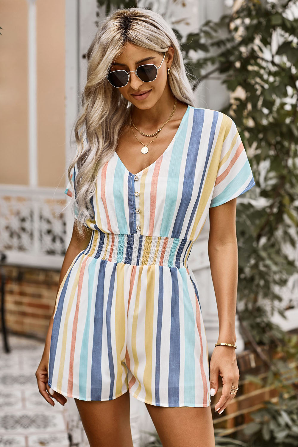 Multicolored Stripe V-Neck Smocked Waist Romper Playsuit [Spirit and Rebel]