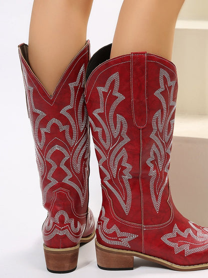 Spirit and Rebel PU Leather Embroidered Geometric Point Toe Boho Boots [Spirit and Rebel]   