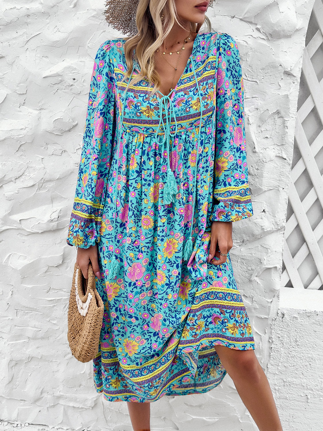 Tassel Tied Printed Long Sleeve Boho Dress [Spirit and Rebel]   