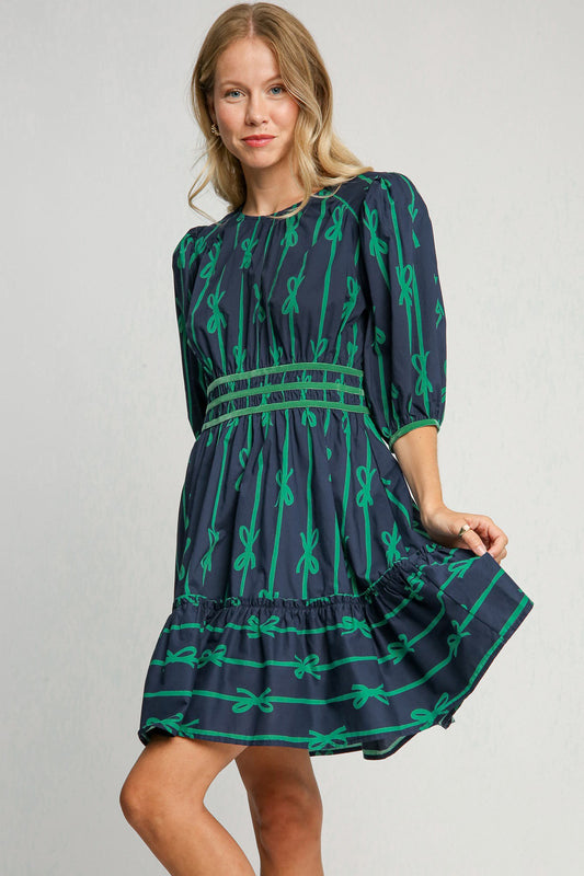 Ribbon Print Frill Contrast Velvet Trim Half Sleeve Dress [Spirit and Rebel] Navy S