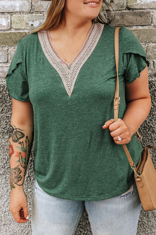 Plus Size V-Neck Petal Sleeve Boho Blouse - Spirit and Rebel [Spirit and Rebel] Dark Green 1XL 