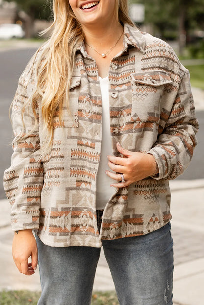 Spirit and Rebel Plus Size Geometric Collared Neck Long Sleeve Boho Jacket [Spirit and Rebel] Dust Storm 1XL 