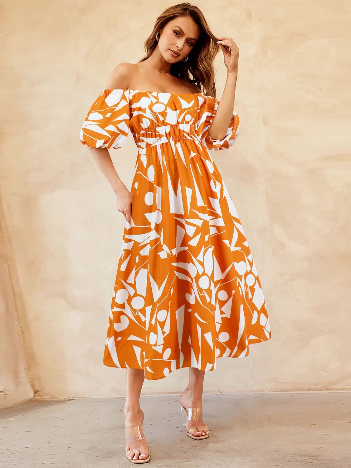 Printed Off-Shoulder Balloon Sleeve Dress [Spirit and Rebel]   