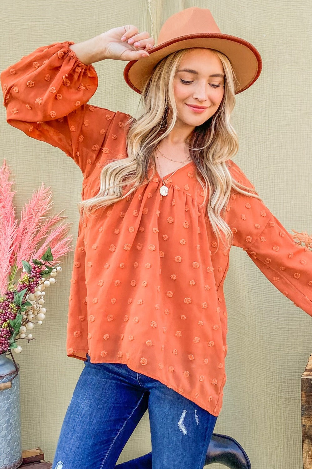 Spirit and Rebel Swiss Dot V Neck Balloon Sleeve Woven Bohemian Blouse [Spirit and Rebel]   