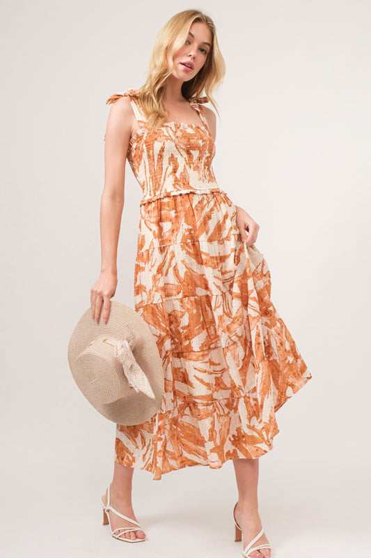 And The Why Tie Shoulder Smocked Midi Tiered Boho Dress - Spirit and Rebel [Spirit and Rebel] Hazelnut S 