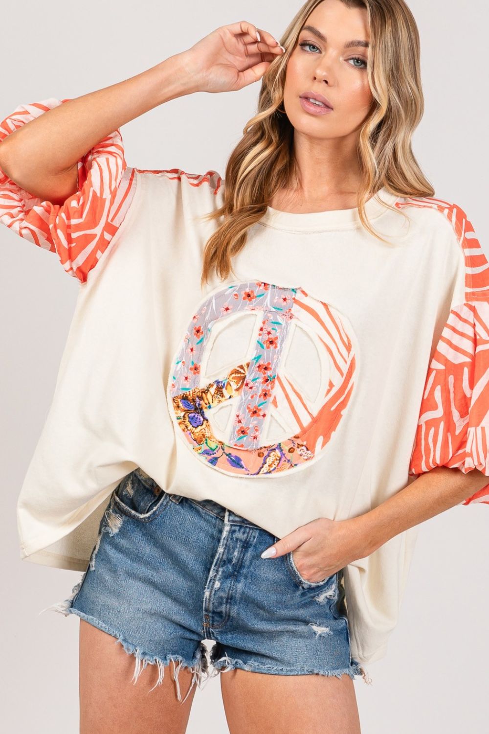 Spirit and Rebel Peace Applique Patch with Zebra Print Contrast Boho Top [Spirit and Rebel]   