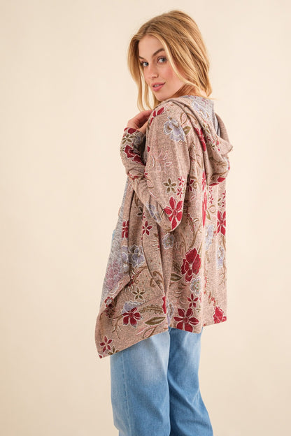 Spirit and Rebel Floral Thermal Hooded Open Front Boho Cardigan [Spirit and Rebel]   