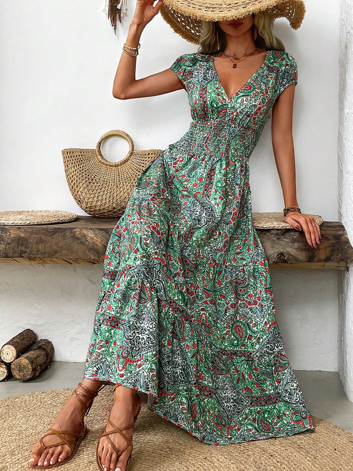 Smocked Printed Cap Sleeve Midi Boho Dress [Spirit and Rebel] Green S 