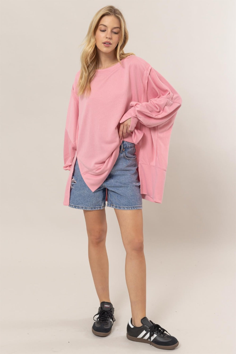 Spirit and Rebel French Terry Long Sleeve High-Low Slit Boho Sweatshirt [Spirit and Rebel] Pink S 