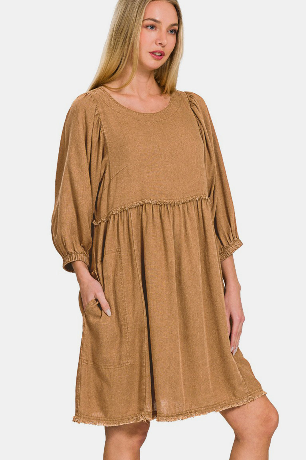 Washed Linen Pleated Puff Sleeve Babydoll Dress - Spirit and Rebel [Spirit and Rebel]   