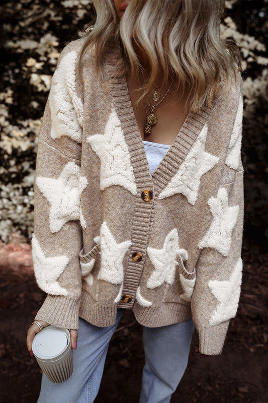 Star Button Up Long Sleeve Boho Cardigan - Spirit and Rebel [Spirit and Rebel] Mocha S 