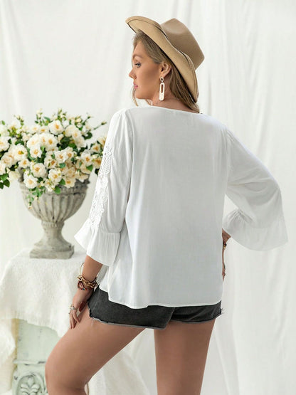 Spirit and Rebel Plus Size Lace Detail V-Neck Three-Quarter Sleeve Bohemian Blouse [Spirit and Rebel]   