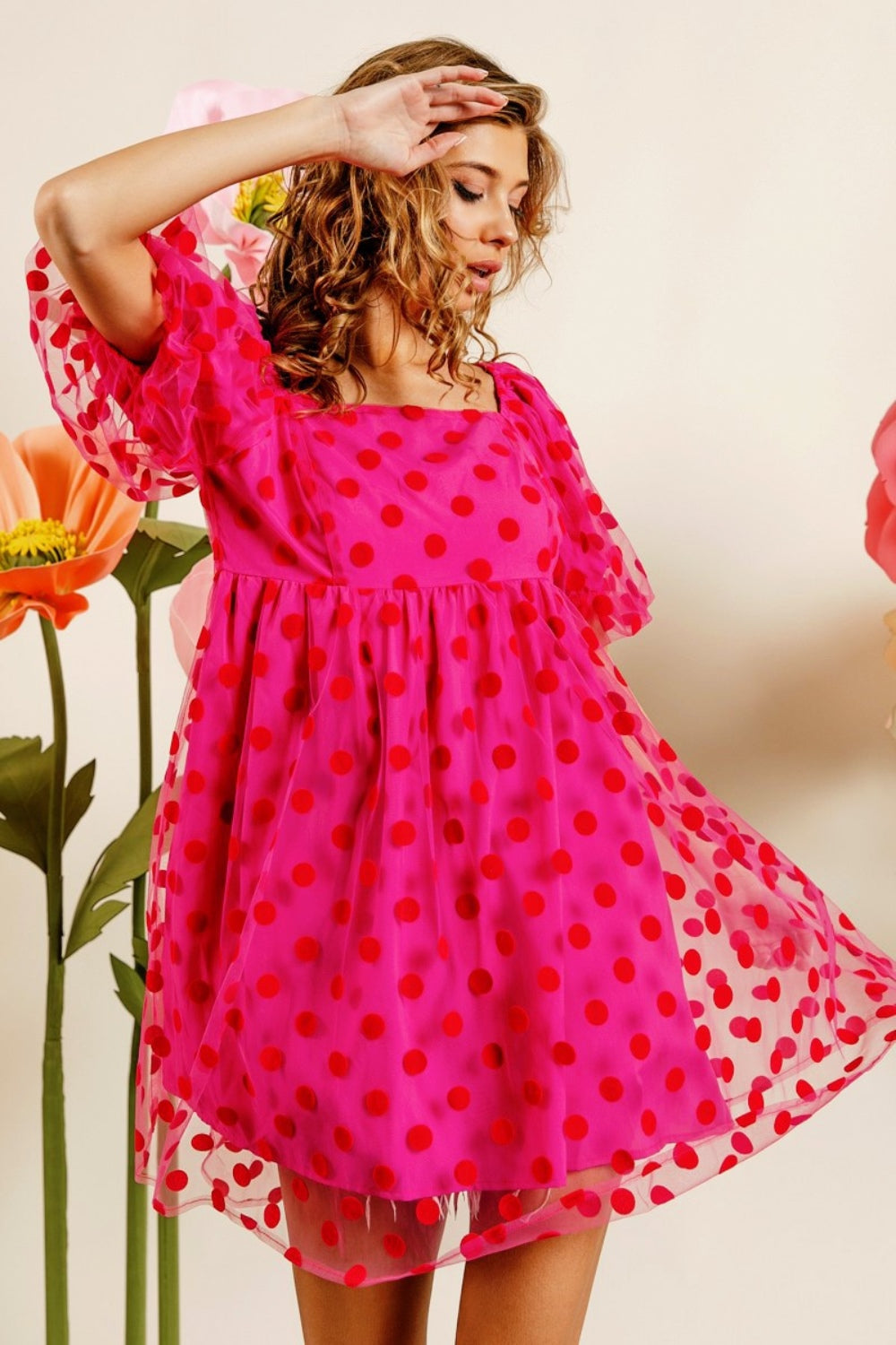 Polka Dot Mesh Puff Sleeve Dress - Spirit and Rebel [Spirit and Rebel] Fuchsia S 