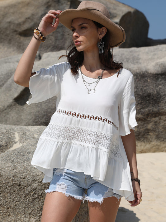 Lace Detail Round Neck Half Sleeve Boho Blouse - Spirit and Rebel [Spirit and Rebel] White S 