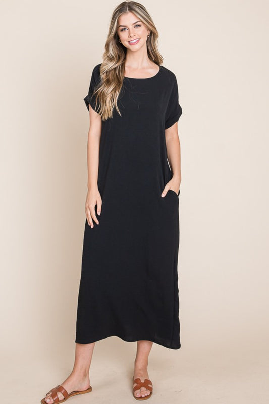 Round Neck Short Sleeve Midi Boho Dress with Pockets - Spirit and Rebel [Spirit and Rebel] Black S 