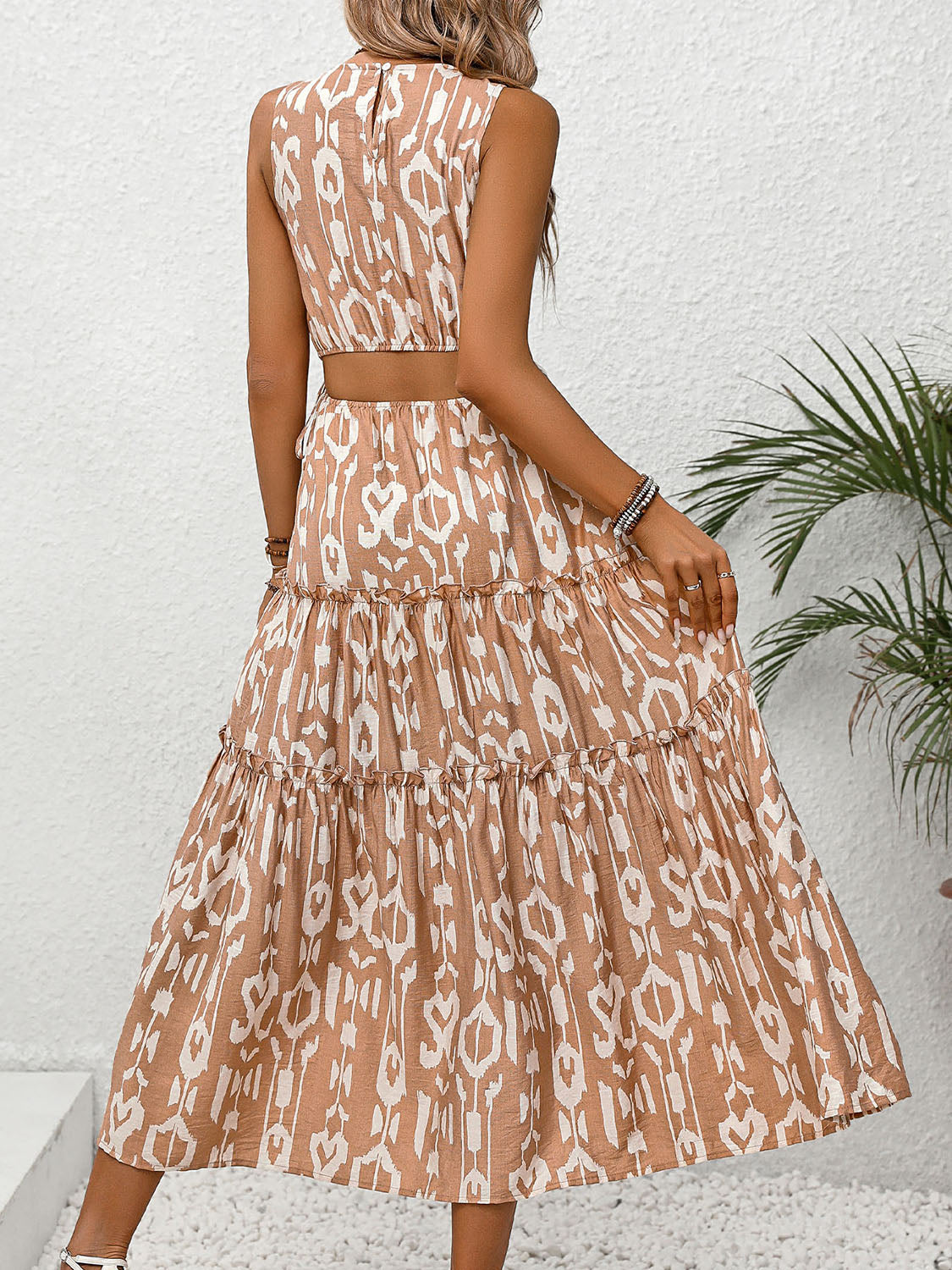 Frill Cutout Printed Round Neck Sleeveless Boho Dress [Spirit and Rebel]   