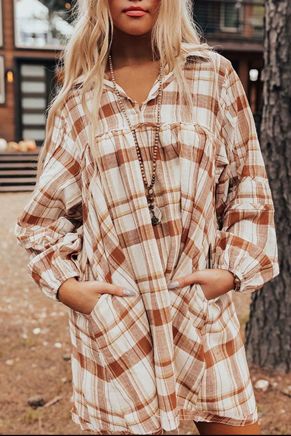 Spirit and Rebel Plaid Collared Neck Long Sleeve Mini Boho Chic Shirt Dress [Spirit and Rebel]   