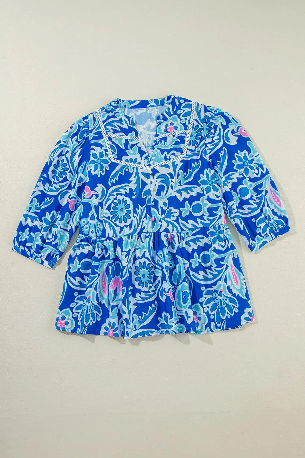 Printed Notched Three-Quarter Sleeve Boho Blouse - Spirit and Rebel [Spirit and Rebel]   