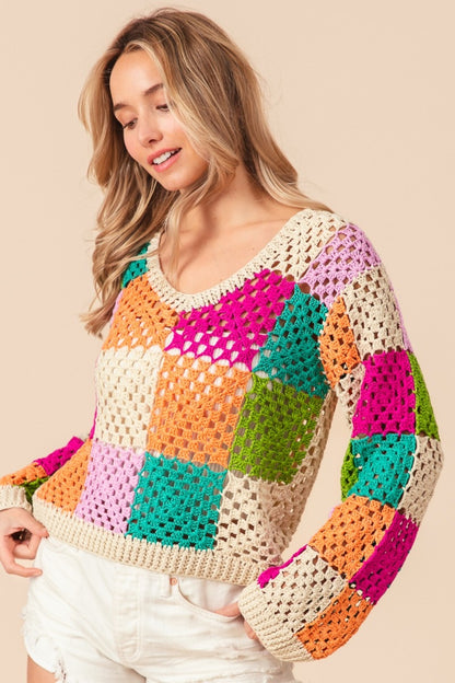 Multi Color Checkered Long Sleeve Knit Boho Top - Spirit and Rebel [Spirit and Rebel]   