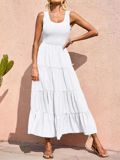 Boho Chic  Tiered Smocked Wide Strap Dress [Spirit and Rebel] White S 