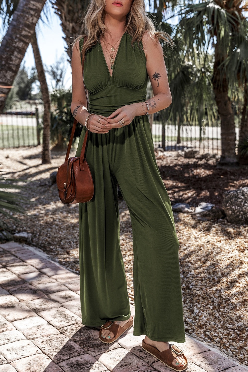 V-Neck Sleeveless Wide Leg Boho Jumpsuit - Spirit and Rebel [Spirit and Rebel]   