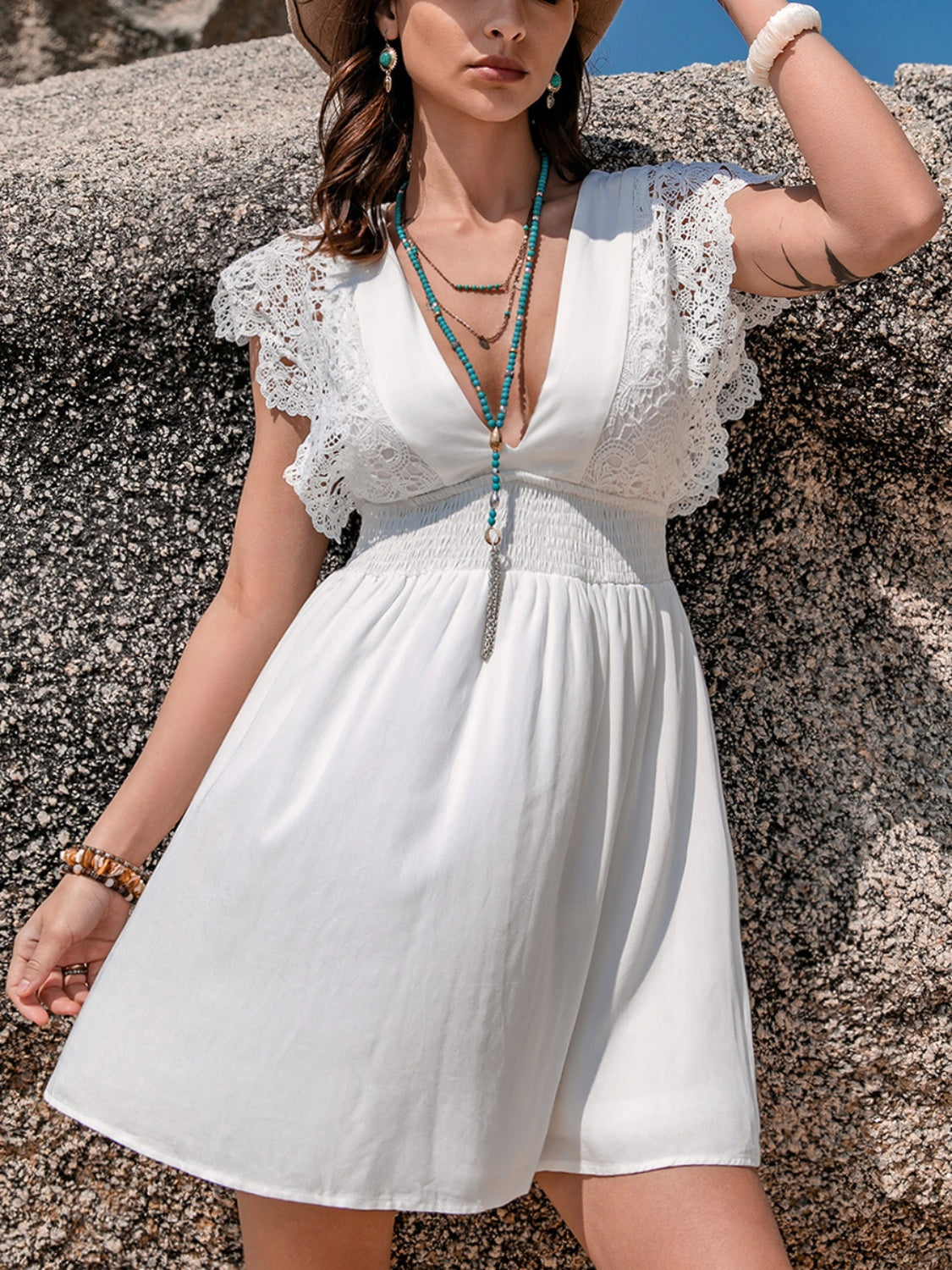 Lace Detail Plunge Cap Sleeve Mini Boho Dress - Spirit and Rebel [Spirit and Rebel]   