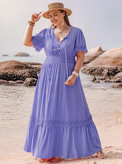 Plus Size Lace Detail Tie Neck Short Sleeve Maxi Boho Dress - Spirit and Rebel [Spirit and Rebel] Lavender 0XL 