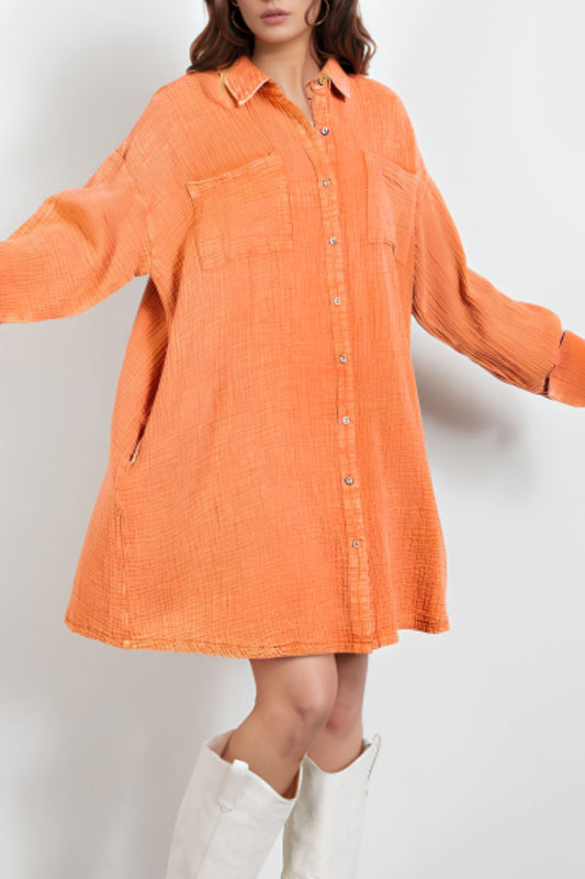 Pocketed Button Up Long Sleeve Shirt Dress [Spirit and Rebel] Sherbet S