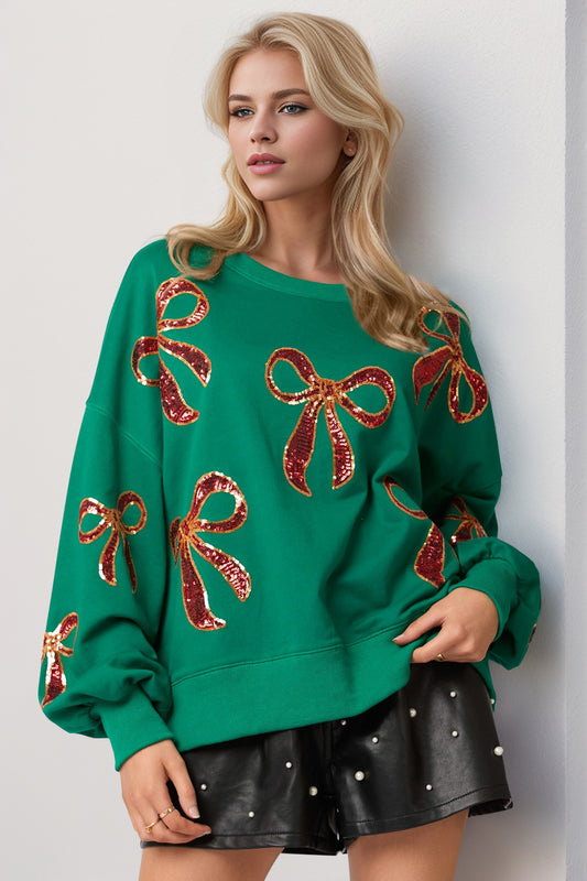 Double Take Christmas Bow Sequin Round Neck Dropped Shoulder Boho Sweatshirt [Spirit and Rebel] Dark Green S