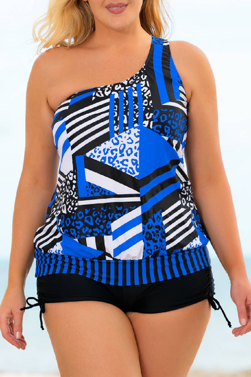 Sunset and Swim Plus Size Patchwork Tied One-Shoulder Tankini Set Sunset and Swim Royal  Blue 0XL