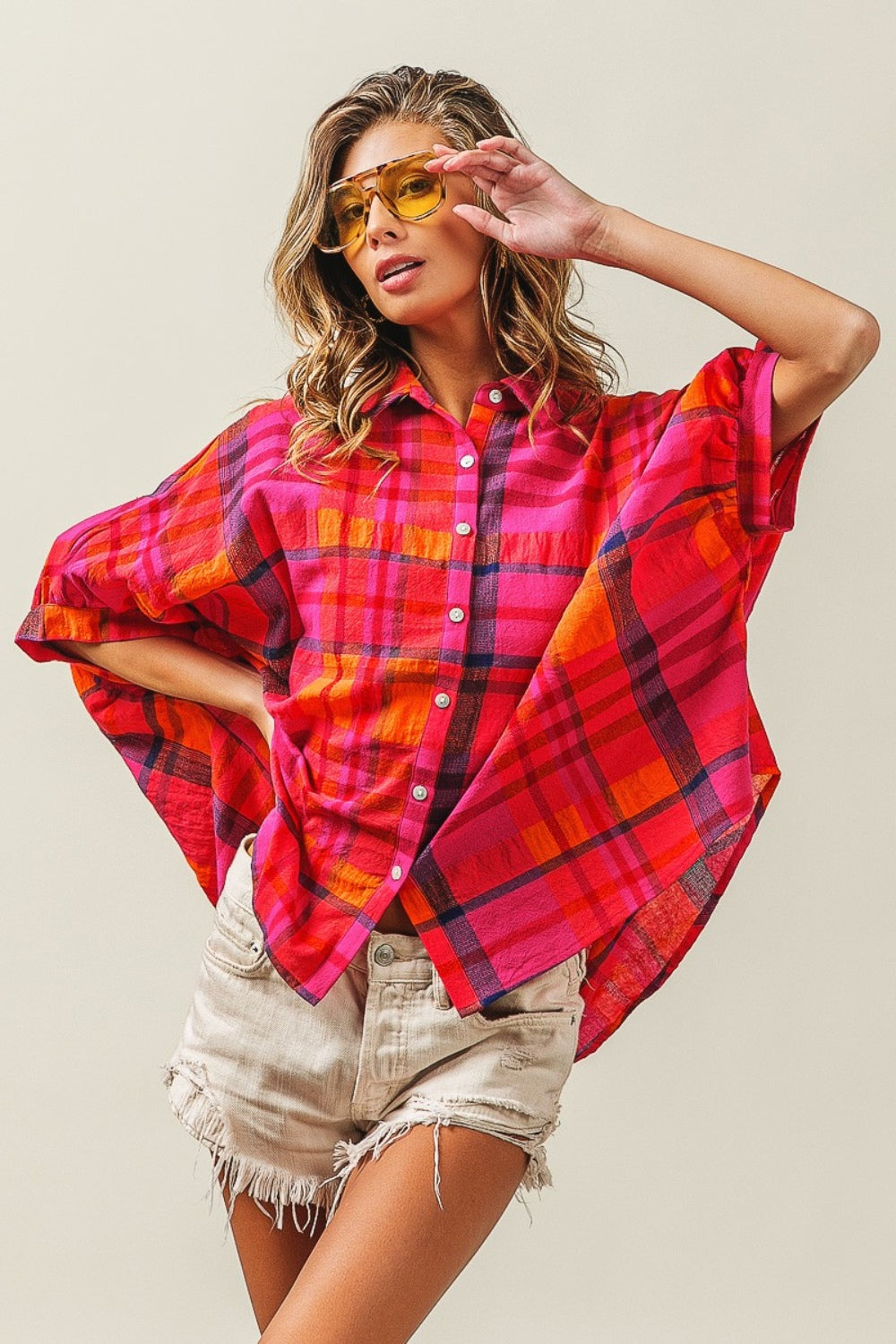 Button Up Dolman Sleeve Plaid Boho Shirt - Spirit and Rebel [Spirit and Rebel]   