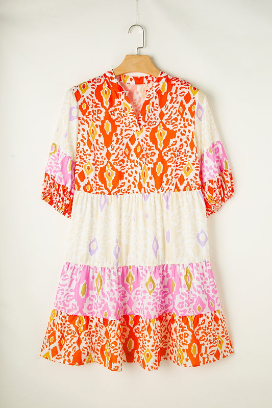 Plus Size Printed Notched Half Sleeve Boho Dress - Spirit and Rebel [Spirit and Rebel] Orange 1XL 