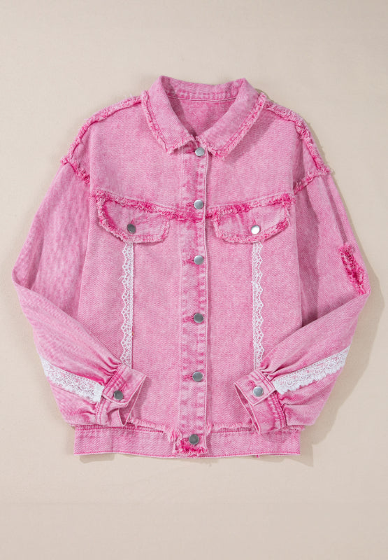 Lace Detail Distressed Button Up Denim Jacket [Spirit and Rebel]