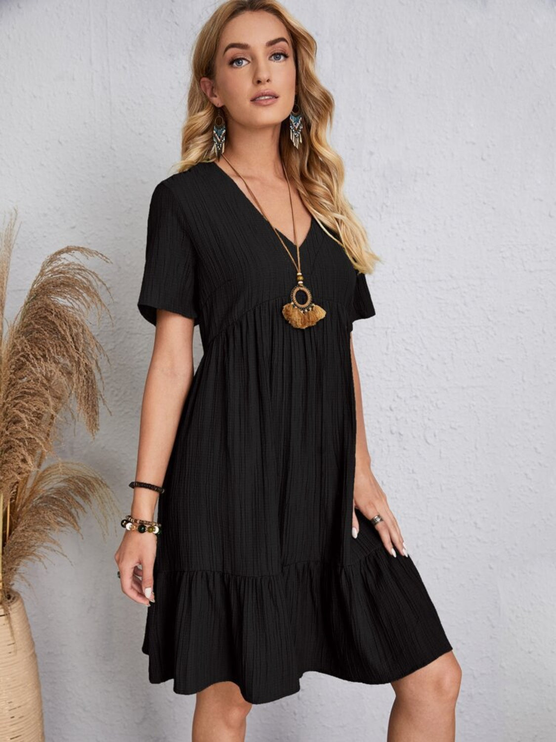 Plus Size V-Neck Short Sleeve Boho Dress - Spirit and Rebel [Spirit and Rebel]   