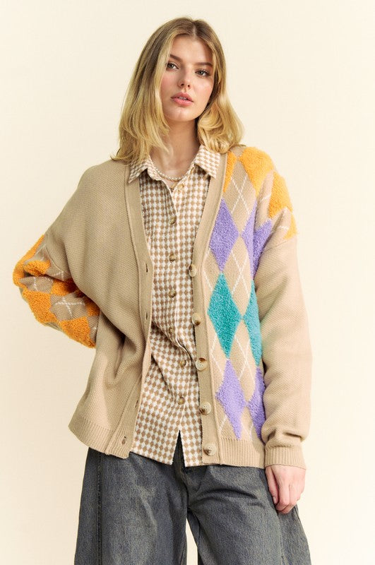 Argyle V-Neck Dropped Shoulder Cardigan [Spirit and Rebel]