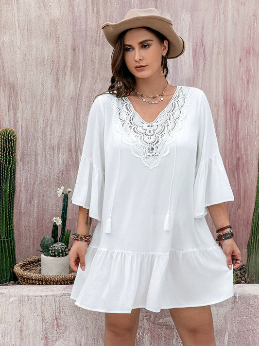 Spirit and Rebel Plus Size Lace Detail Tie Neck Three-Quarter Sleeve Mini Dress [Spirit and Rebel] White 0XL 