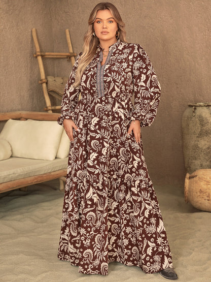 Boho Plus Size Notched Balloon Sleeve Printed Maxi Dress [Spirit and Rebel] Chocolate 4XL