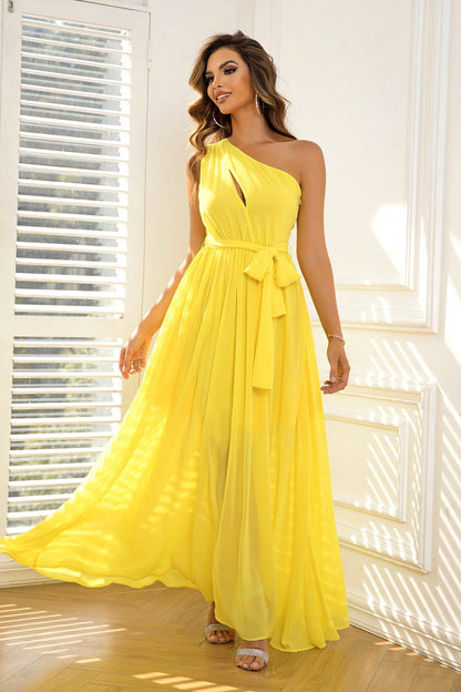 Cutout One-Shoulder Tie Waist Boho Wedding Guest Dress [Spirit and Rebel]   