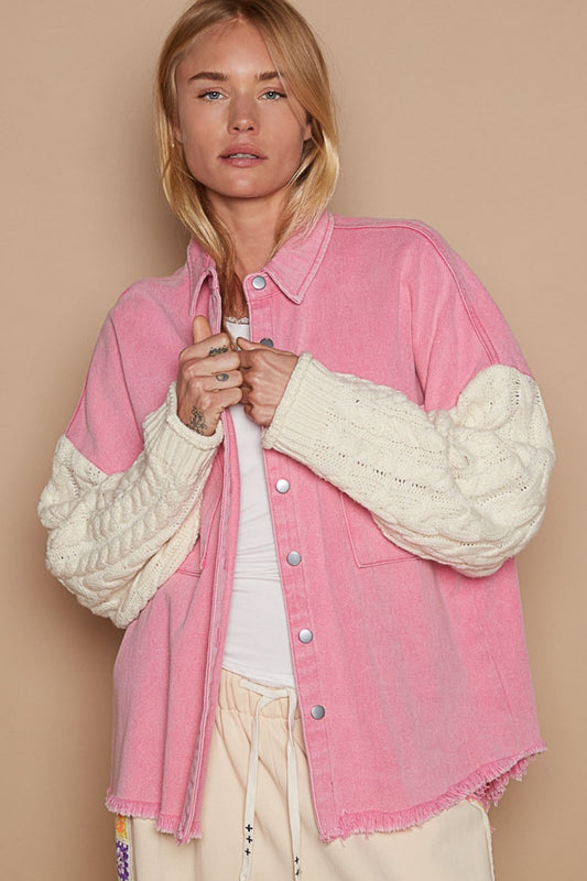 Contrast Boho Sweater Sleeve Button Down Shacket - Spirit and Rebel [Spirit and Rebel] Punch Pink/Ivory S 