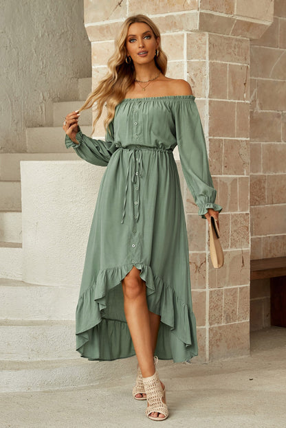 Drawstring Off-Shoulder Flounce Sleeve Boho Dress [Spirit and Rebel]   